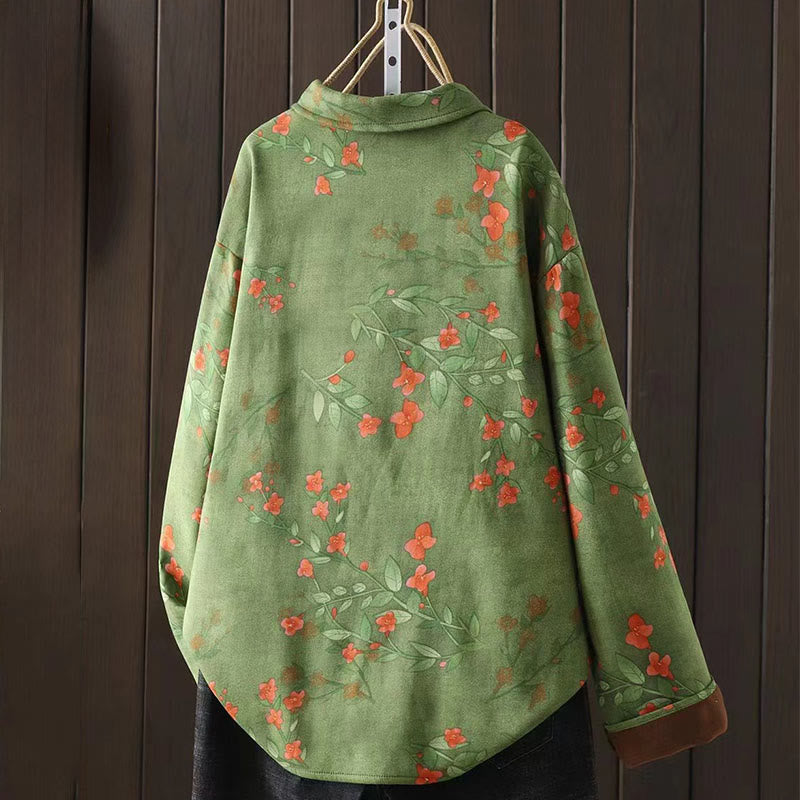 Camisa de algodón para mujer, manga larga, cuello alto, botones de rana, flores de invierno y hojas verdes de Buddha Stones - image 9