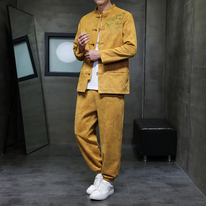 Conjunto de 2 piezas de traje Tang para hombre con diseño de Buddha Stones, dragón de primavera, nubes de bambú, chaqueta de manga larga de algodón con botones de rana y pantalones con bolsillos. - Oro - US/UK/AU46, EU56 (5XL) - image 8