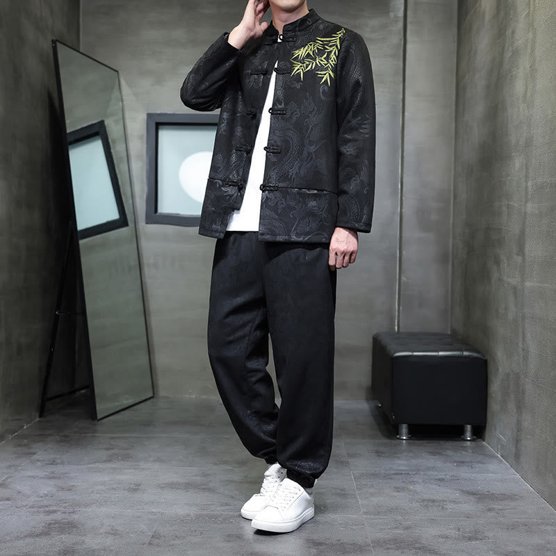 Conjunto de 2 piezas de traje Tang para hombre con diseño de Buddha Stones, dragón de primavera, nubes de bambú, chaqueta de manga larga de algodón con botones de rana y pantalones con bolsillos. - Negro - US/UK/AU46, EU56 (5XL) - image 21