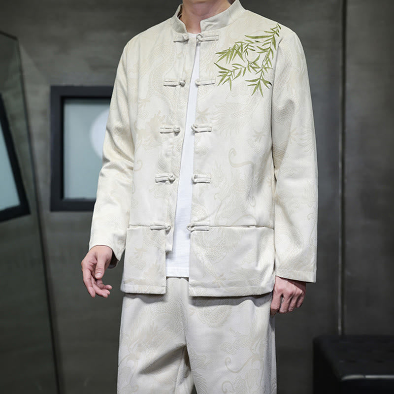 Conjunto de 2 piezas de traje Tang para hombre con diseño de Buddha Stones, dragón de primavera, nubes de bambú, chaqueta de manga larga de algodón con botones de rana y pantalones con bolsillos. - image 6