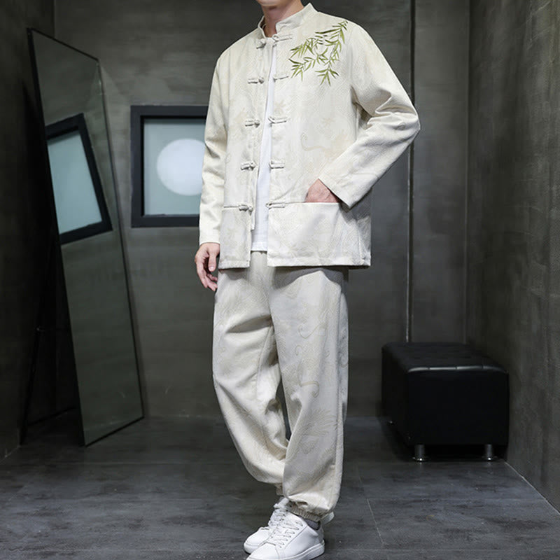 Conjunto de 2 piezas de traje Tang para hombre con diseño de Buddha Stones, dragón de primavera, nubes de bambú, chaqueta de manga larga de algodón con botones de rana y pantalones con bolsillos. - image 4