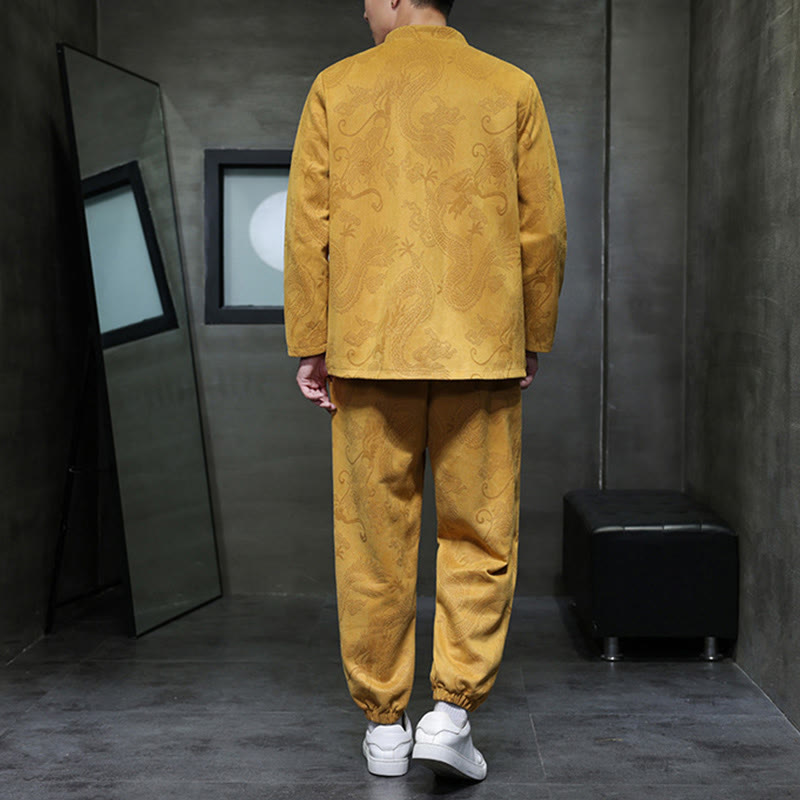 Conjunto de 2 piezas de traje Tang para hombre con diseño de Buddha Stones, dragón de primavera, nubes de bambú, chaqueta de manga larga de algodón con botones de rana y pantalones con bolsillos. - image 11