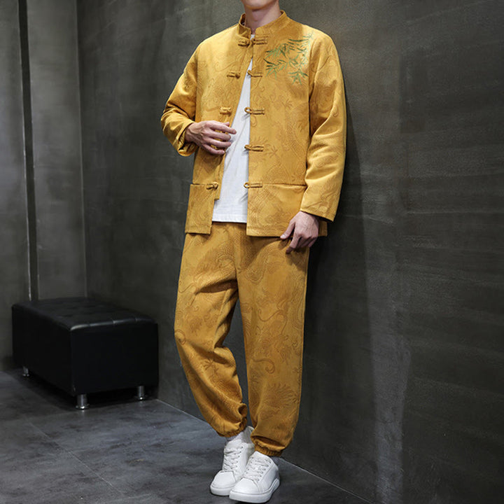 Conjunto de 2 piezas de traje Tang para hombre con diseño de Buddha Stones, dragón de primavera, nubes de bambú, chaqueta de manga larga de algodón con botones de rana y pantalones con bolsillos. - image 13