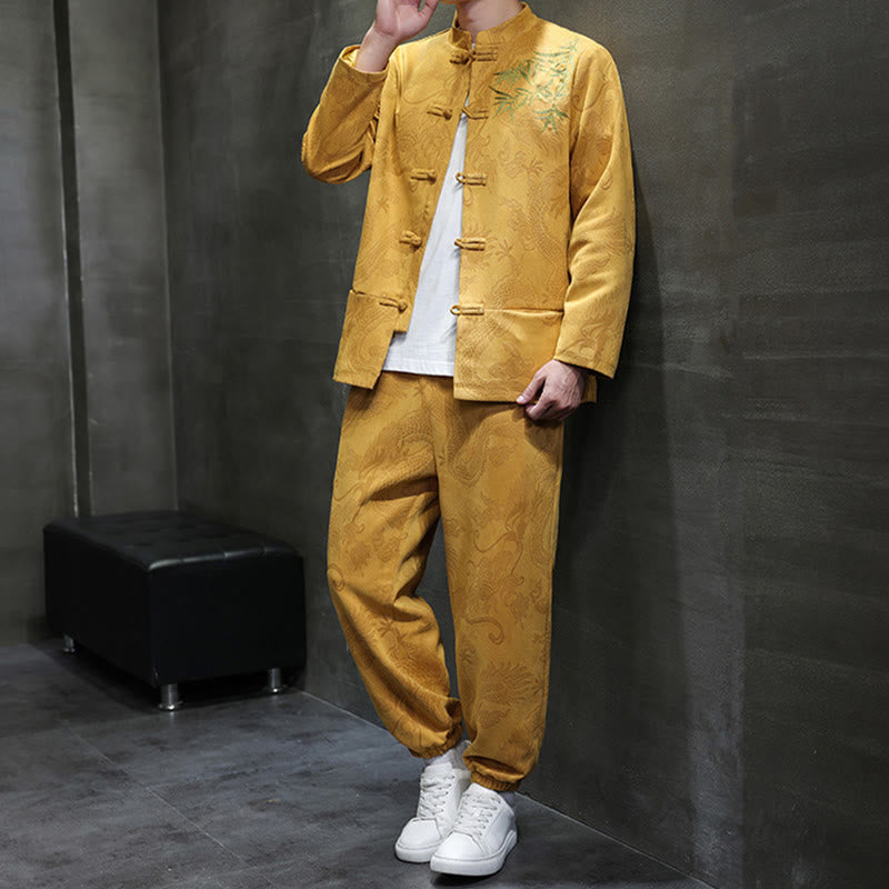Conjunto de 2 piezas de traje Tang para hombre con diseño de Buddha Stones, dragón de primavera, nubes de bambú, chaqueta de manga larga de algodón con botones de rana y pantalones con bolsillos. - image 16