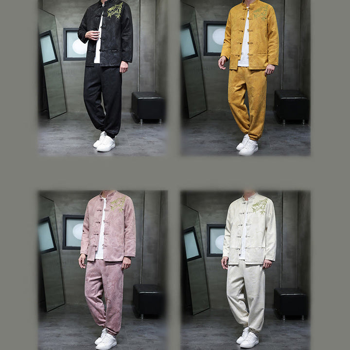 Conjunto de 2 piezas de traje Tang para hombre con diseño de Buddha Stones, dragón de primavera, nubes de bambú, chaqueta de manga larga de algodón con botones de rana y pantalones con bolsillos. - image 39