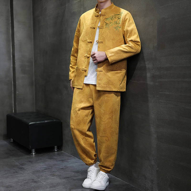 Conjunto de 2 piezas de traje Tang para hombre con diseño de Buddha Stones, dragón de primavera, nubes de bambú, chaqueta de manga larga de algodón con botones de rana y pantalones con bolsillos. - image 12