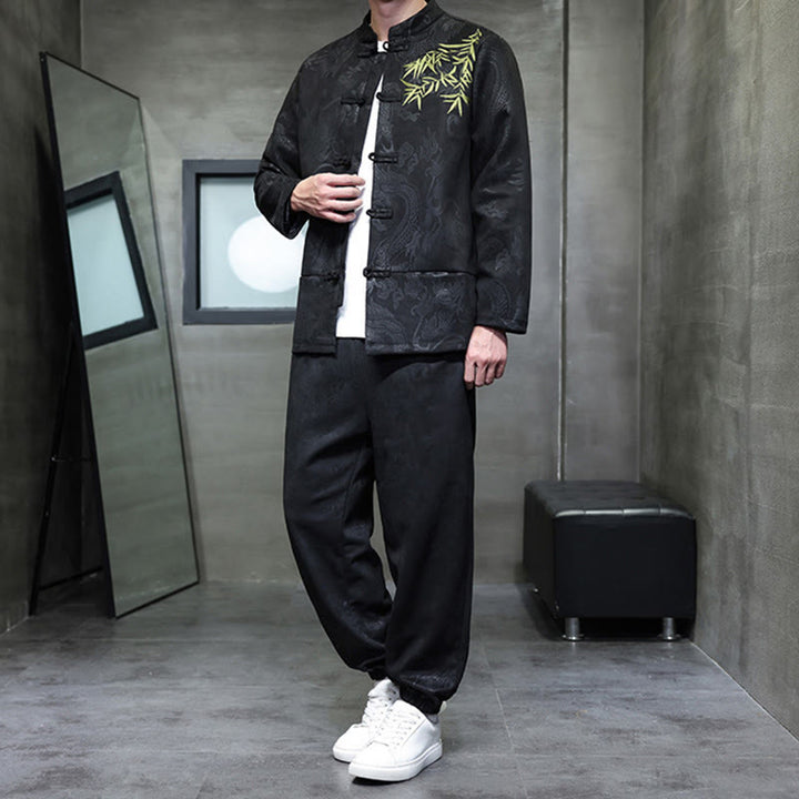 Conjunto de 2 piezas de traje Tang para hombre con diseño de Buddha Stones, dragón de primavera, nubes de bambú, chaqueta de manga larga de algodón con botones de rana y pantalones con bolsillos. - image 28