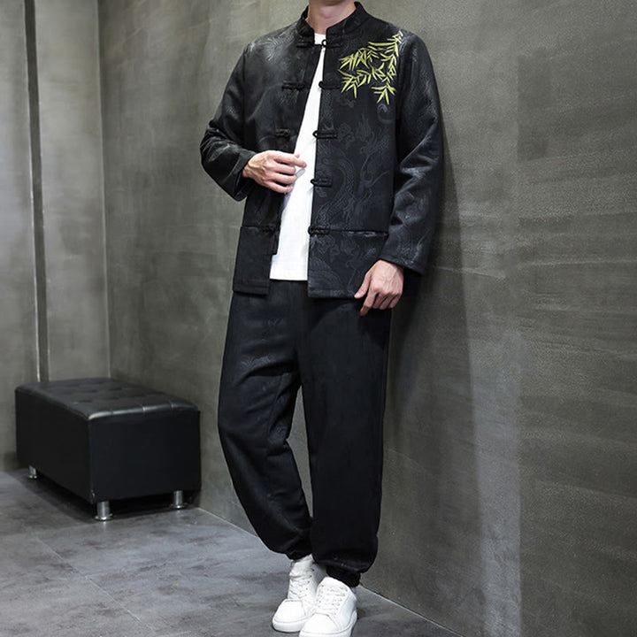 Conjunto de 2 piezas de traje Tang para hombre con diseño de Buddha Stones, dragón de primavera, nubes de bambú, chaqueta de manga larga de algodón con botones de rana y pantalones con bolsillos. - image 25