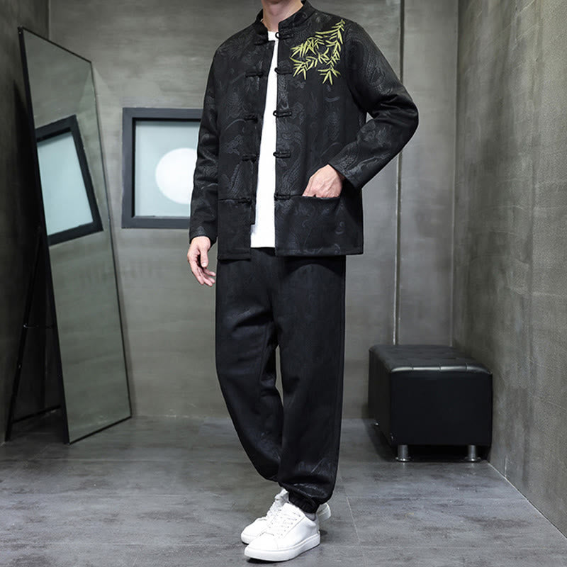 Conjunto de 2 piezas de traje Tang para hombre con diseño de Buddha Stones, dragón de primavera, nubes de bambú, chaqueta de manga larga de algodón con botones de rana y pantalones con bolsillos. - image 23