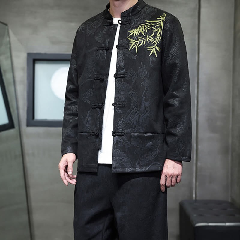 Conjunto de 2 piezas de traje Tang para hombre con diseño de Buddha Stones, dragón de primavera, nubes de bambú, chaqueta de manga larga de algodón con botones de rana y pantalones con bolsillos. - image 29