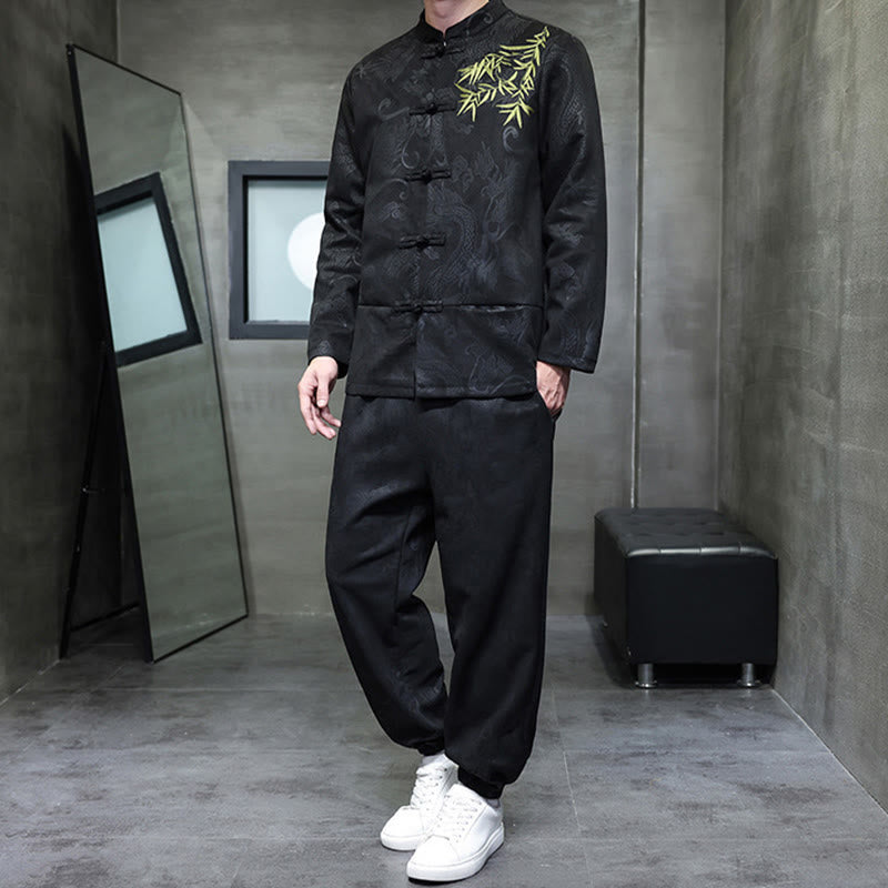 Conjunto de 2 piezas de traje Tang para hombre con diseño de Buddha Stones, dragón de primavera, nubes de bambú, chaqueta de manga larga de algodón con botones de rana y pantalones con bolsillos. - image 26