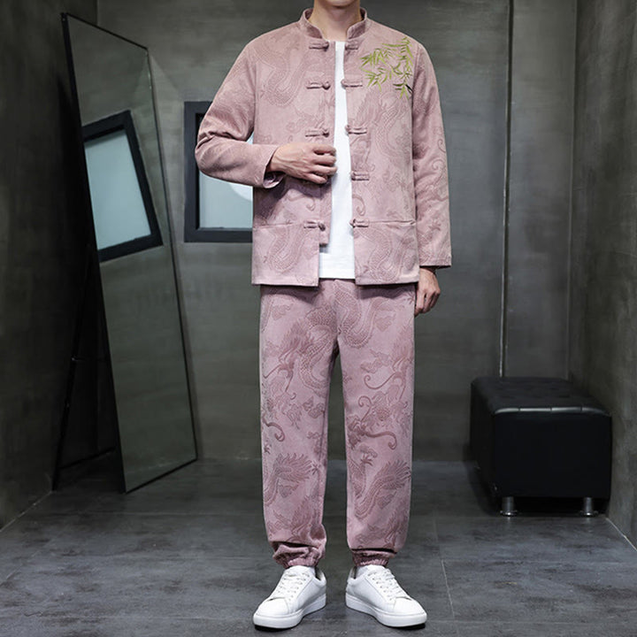 Conjunto de 2 piezas de traje Tang para hombre con diseño de Buddha Stones, dragón de primavera, nubes de bambú, chaqueta de manga larga de algodón con botones de rana y pantalones con bolsillos. - image 34