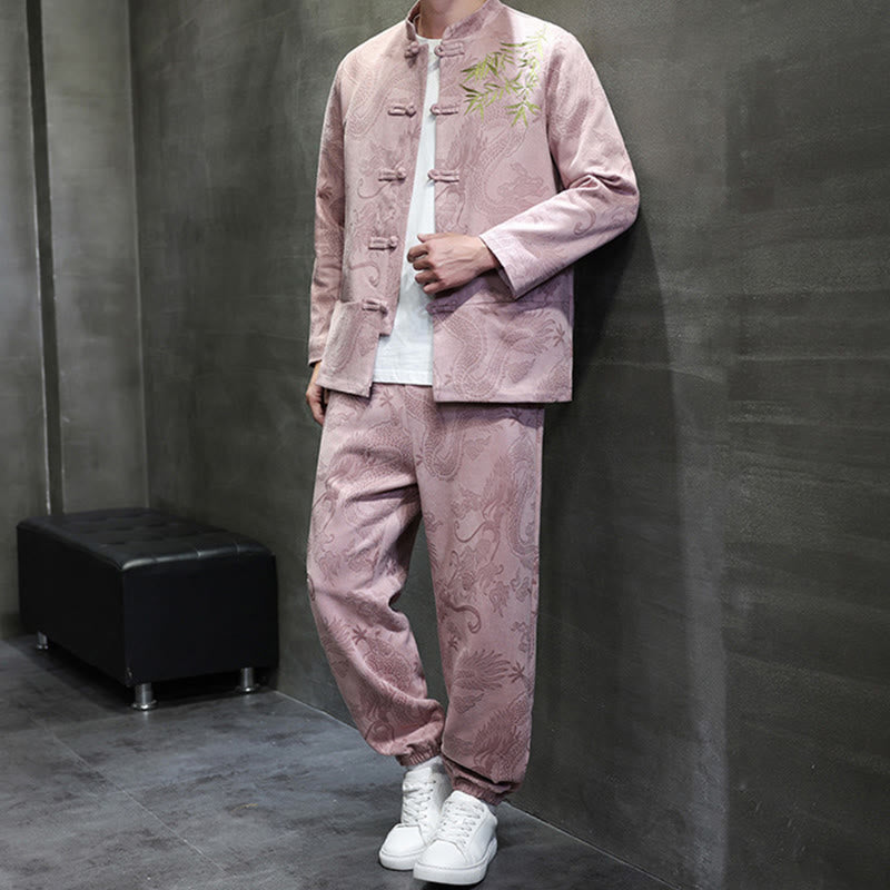 Conjunto de 2 piezas de traje Tang para hombre con diseño de Buddha Stones, dragón de primavera, nubes de bambú, chaqueta de manga larga de algodón con botones de rana y pantalones con bolsillos. - image 36