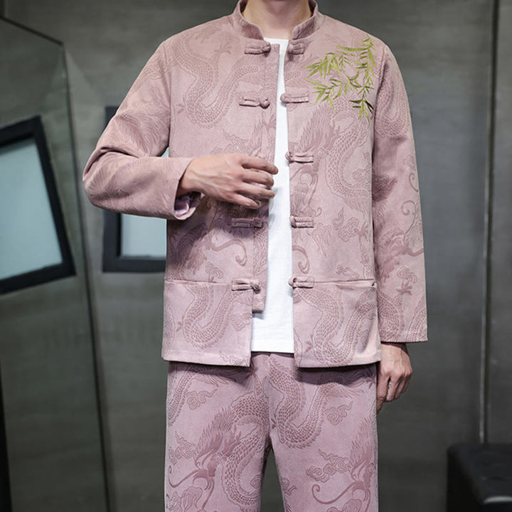 Conjunto de 2 piezas de traje Tang para hombre con diseño de Buddha Stones, dragón de primavera, nubes de bambú, chaqueta de manga larga de algodón con botones de rana y pantalones con bolsillos. - image 38