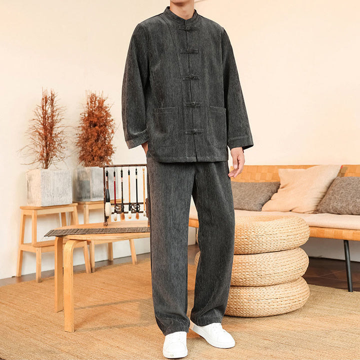 Conjunto de 2 Buddha Stones de traje Tang de invierno grueso para hombre, de pana de algodón con botones de rana, chaqueta y pantalones de manga larga con bolsillos. - Gris - US/UK/AU46, EU56 (5XL) - image 8