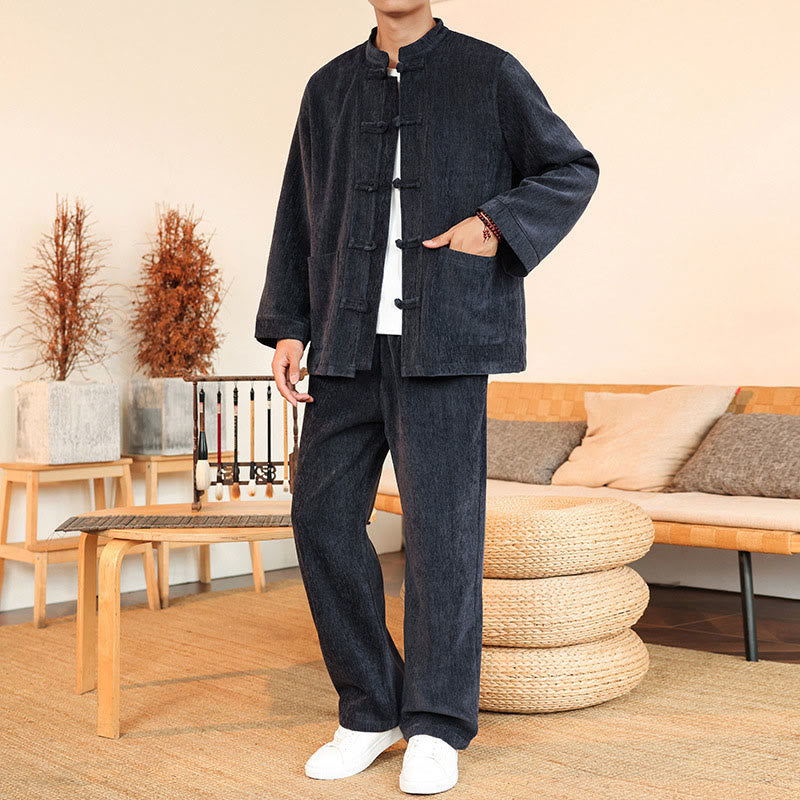 Conjunto de 2 Buddha Stones de traje Tang de invierno grueso para hombre, de pana de algodón con botones de rana, chaqueta y pantalones de manga larga con bolsillos. - image 1