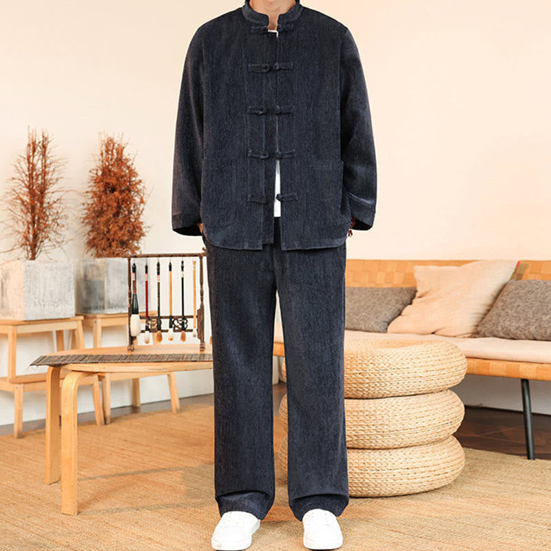 Conjunto de 2 Buddha Stones de traje Tang de invierno grueso para hombre, de pana de algodón con botones de rana, chaqueta y pantalones de manga larga con bolsillos. - Gris pizarra - US/UK/AU46, EU56 (5XL) - image 0