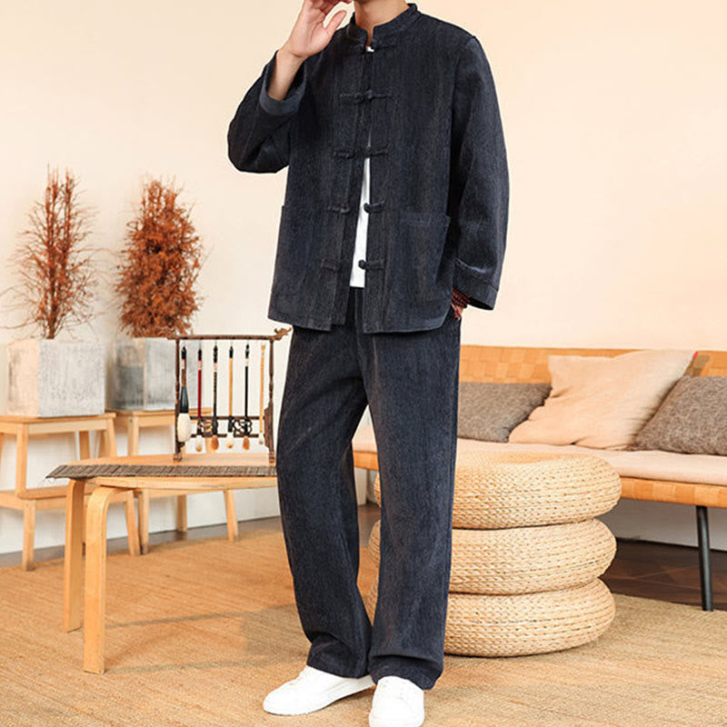 Conjunto de 2 Buddha Stones de traje Tang de invierno grueso para hombre, de pana de algodón con botones de rana, chaqueta y pantalones de manga larga con bolsillos. - image 3