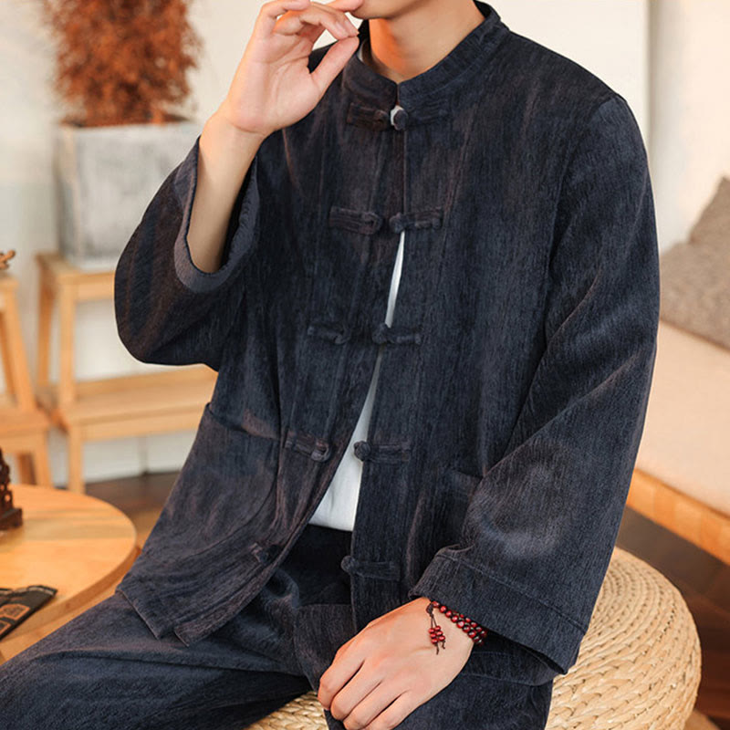 Conjunto de 2 Buddha Stones de traje Tang de invierno grueso para hombre, de pana de algodón con botones de rana, chaqueta y pantalones de manga larga con bolsillos. - image 6