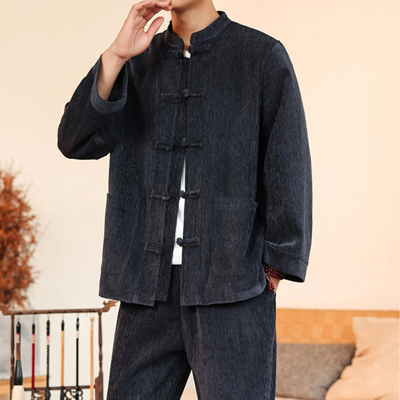 Conjunto de 2 Buddha Stones de traje Tang de invierno grueso para hombre, de pana de algodón con botones de rana, chaqueta y pantalones de manga larga con bolsillos. - image 7