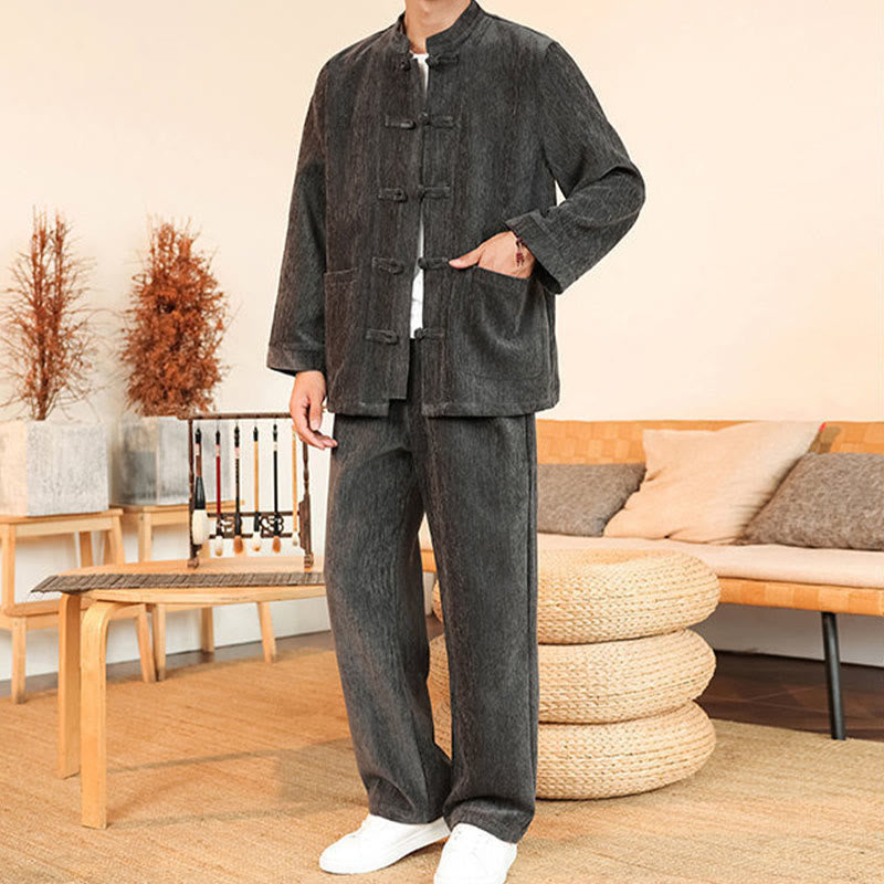 Conjunto de 2 Buddha Stones de traje Tang de invierno grueso para hombre, de pana de algodón con botones de rana, chaqueta y pantalones de manga larga con bolsillos. - image 9