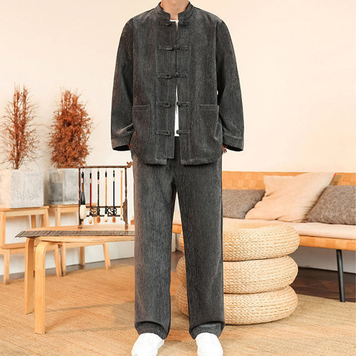 Conjunto de 2 Buddha Stones de traje Tang de invierno grueso para hombre, de pana de algodón con botones de rana, chaqueta y pantalones de manga larga con bolsillos. - image 13