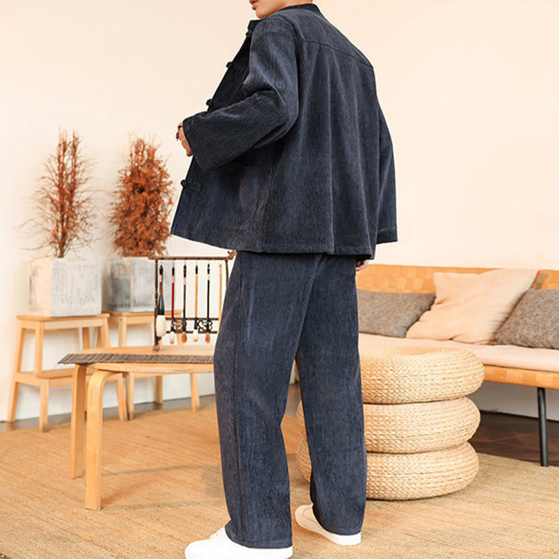 Conjunto de 2 Buddha Stones de traje Tang de invierno grueso para hombre, de pana de algodón con botones de rana, chaqueta y pantalones de manga larga con bolsillos. - image 11