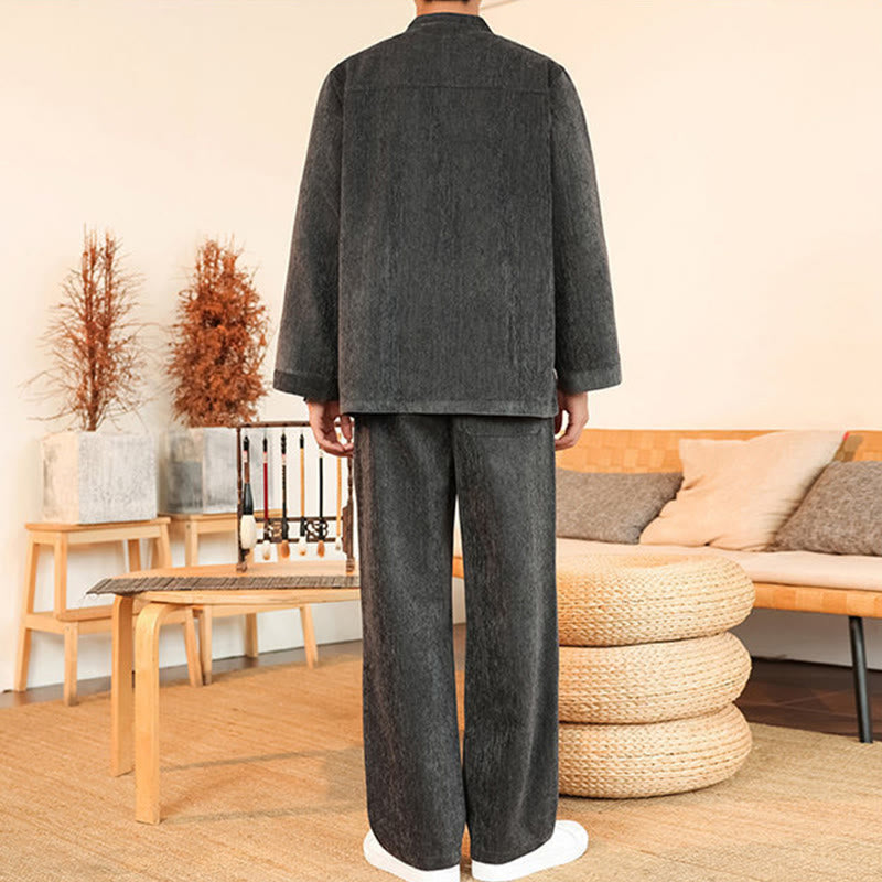 Conjunto de 2 Buddha Stones de traje Tang de invierno grueso para hombre, de pana de algodón con botones de rana, chaqueta y pantalones de manga larga con bolsillos. - image 12