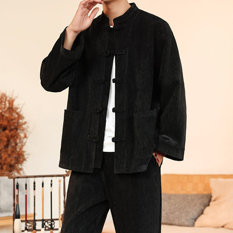 Conjunto de 2 Buddha Stones de traje Tang de invierno grueso para hombre, de pana de algodón con botones de rana, chaqueta y pantalones de manga larga con bolsillos. - image 30