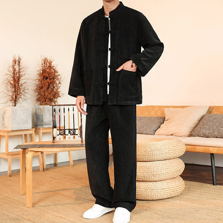 Conjunto de 2 Buddha Stones de traje Tang de invierno grueso para hombre, de pana de algodón con botones de rana, chaqueta y pantalones de manga larga con bolsillos. - image 28