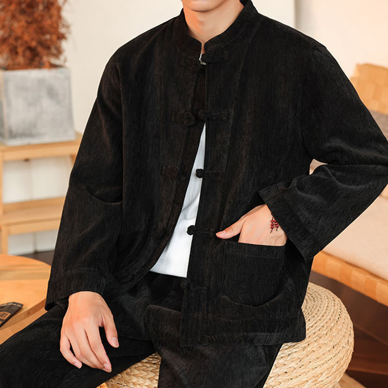 Conjunto de 2 Buddha Stones de traje Tang de invierno grueso para hombre, de pana de algodón con botones de rana, chaqueta y pantalones de manga larga con bolsillos. - image 29