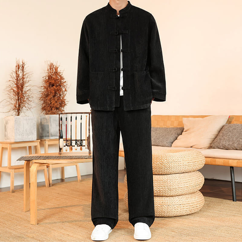 Conjunto de 2 Buddha Stones de traje Tang de invierno grueso para hombre, de pana de algodón con botones de rana, chaqueta y pantalones de manga larga con bolsillos. - image 23