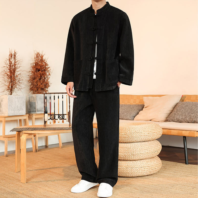 Conjunto de 2 Buddha Stones de traje Tang de invierno grueso para hombre, de pana de algodón con botones de rana, chaqueta y pantalones de manga larga con bolsillos. - image 27