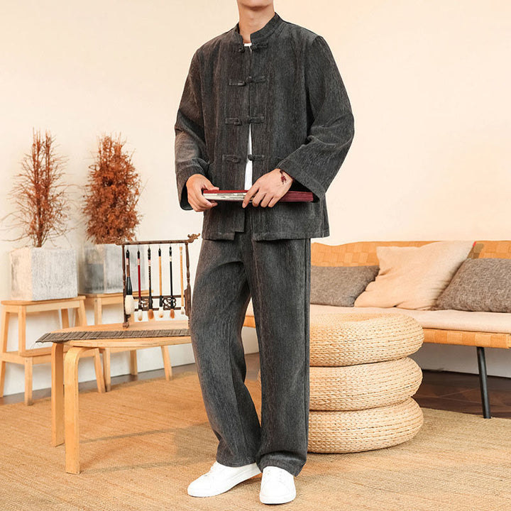 Conjunto de 2 Buddha Stones de traje Tang de invierno grueso para hombre, de pana de algodón con botones de rana, chaqueta y pantalones de manga larga con bolsillos. - image 10