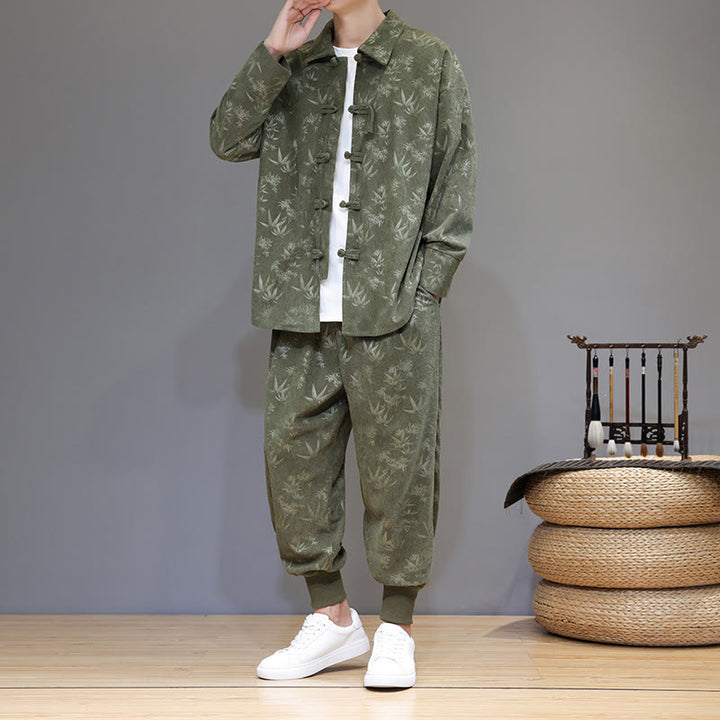 Conjunto de 2 Buddha Stones de traje Tang de bambú grueso de invierno para hombre, de pana de algodón con botones de rana, chaqueta de manga larga y pantalones con bolsillos. - Verde mar oscuro - US/UK/AU46, EU56 (5XL) - image 0