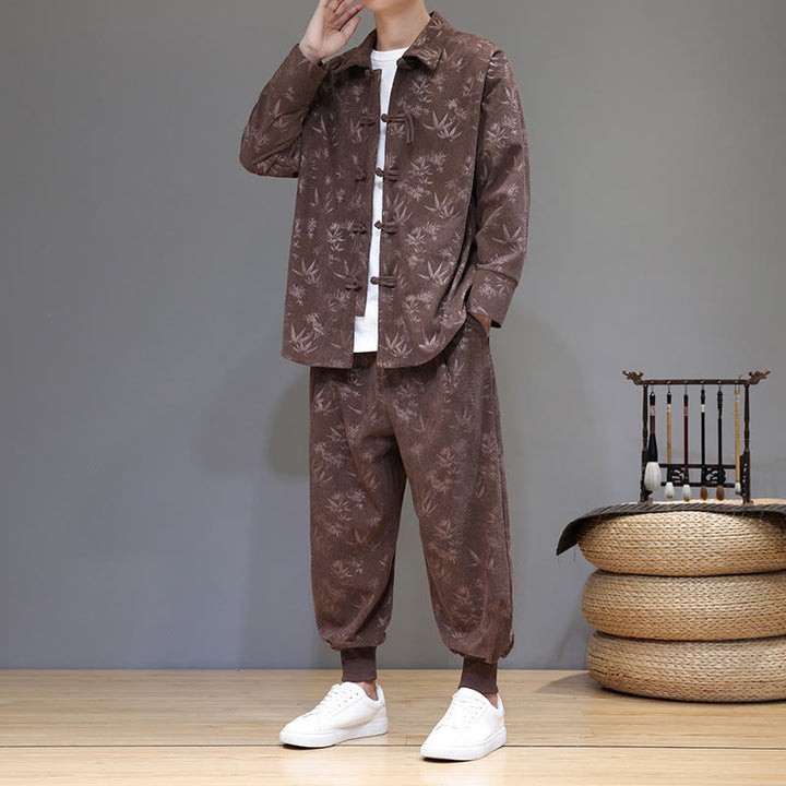 Conjunto de 2 Buddha Stones de traje Tang de bambú grueso de invierno para hombre, de pana de algodón con botones de rana, chaqueta de manga larga y pantalones con bolsillos. - Tierra de siena - US/UK/AU46, EU56 (5XL) - image 30