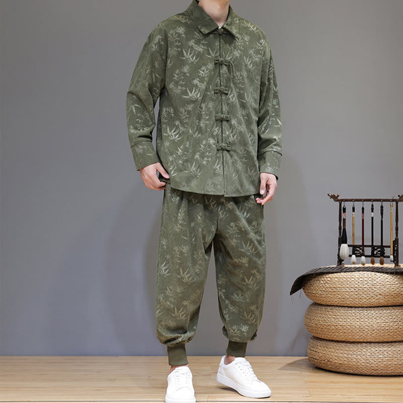 Conjunto de 2 Buddha Stones de traje Tang de bambú grueso de invierno para hombre, de pana de algodón con botones de rana, chaqueta de manga larga y pantalones con bolsillos. - image 5