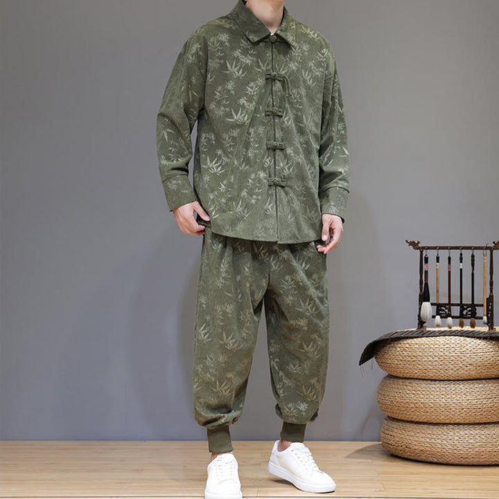 Conjunto de 2 Buddha Stones de traje Tang de bambú grueso de invierno para hombre, de pana de algodón con botones de rana, chaqueta de manga larga y pantalones con bolsillos. - image 5