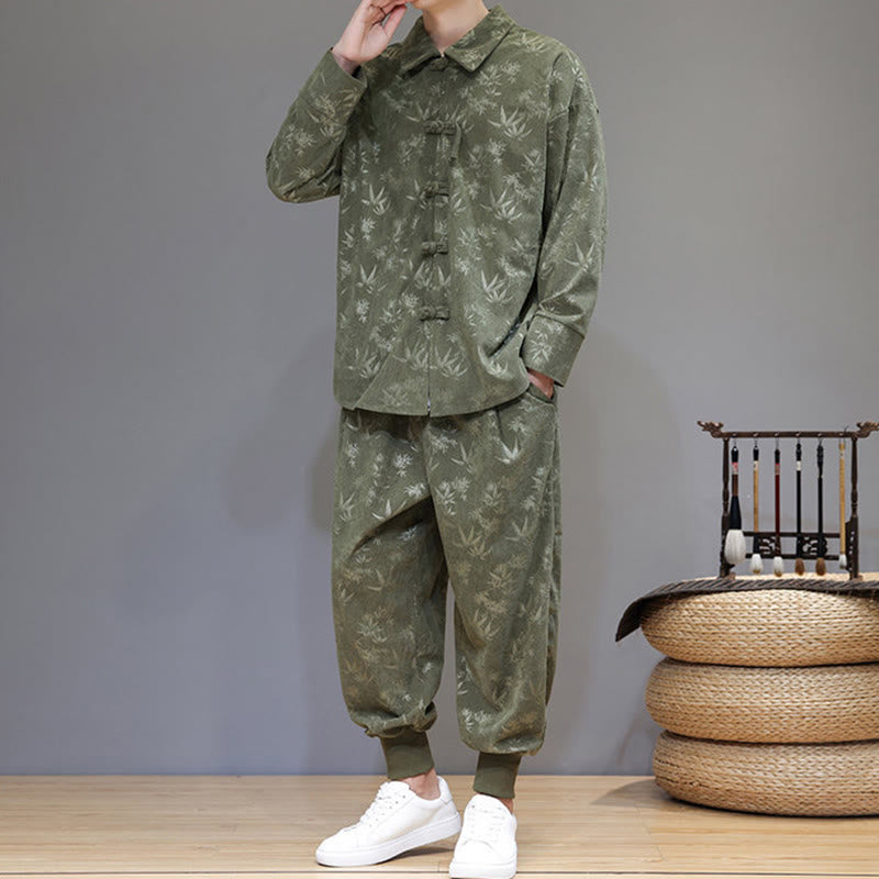 Conjunto de 2 Buddha Stones de traje Tang de bambú grueso de invierno para hombre, de pana de algodón con botones de rana, chaqueta de manga larga y pantalones con bolsillos. - image 4