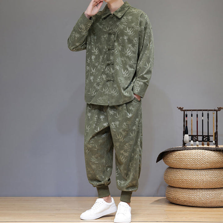 Conjunto de 2 Buddha Stones de traje Tang de bambú grueso de invierno para hombre, de pana de algodón con botones de rana, chaqueta de manga larga y pantalones con bolsillos. - image 4