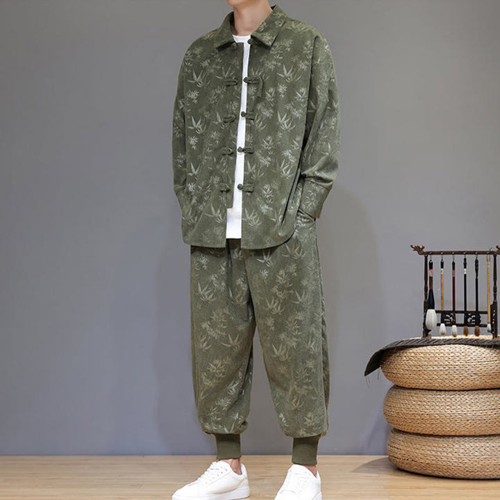Conjunto de 2 Buddha Stones de traje Tang de bambú grueso de invierno para hombre, de pana de algodón con botones de rana, chaqueta de manga larga y pantalones con bolsillos. - image 6