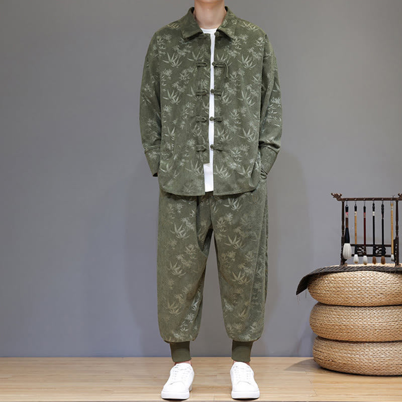 Conjunto de 2 Buddha Stones de traje Tang de bambú grueso de invierno para hombre, de pana de algodón con botones de rana, chaqueta de manga larga y pantalones con bolsillos. - image 1