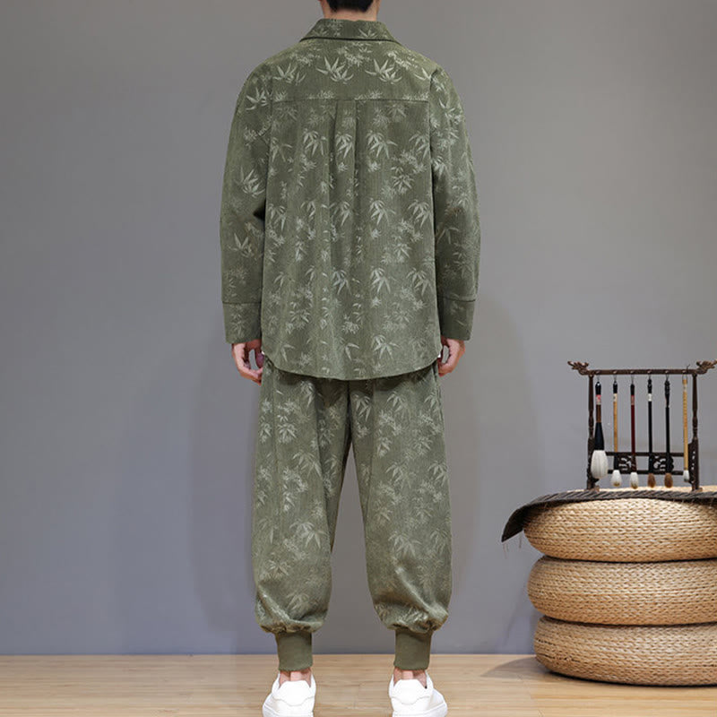 Conjunto de 2 Buddha Stones de traje Tang de bambú grueso de invierno para hombre, de pana de algodón con botones de rana, chaqueta de manga larga y pantalones con bolsillos. - image 3