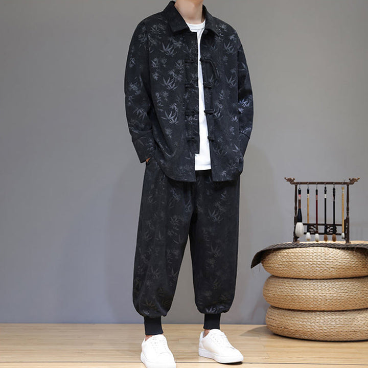 Conjunto de 2 Buddha Stones de traje Tang de bambú grueso de invierno para hombre, de pana de algodón con botones de rana, chaqueta de manga larga y pantalones con bolsillos. - image 24