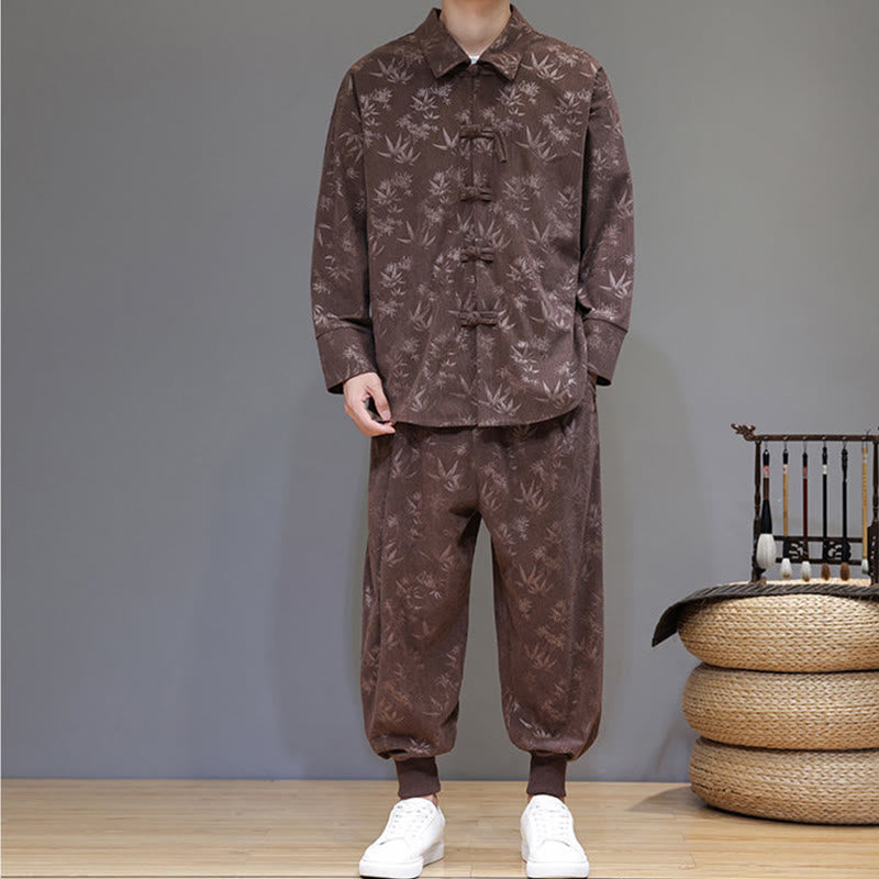 Conjunto de 2 Buddha Stones de traje Tang de bambú grueso de invierno para hombre, de pana de algodón con botones de rana, chaqueta de manga larga y pantalones con bolsillos. - image 35
