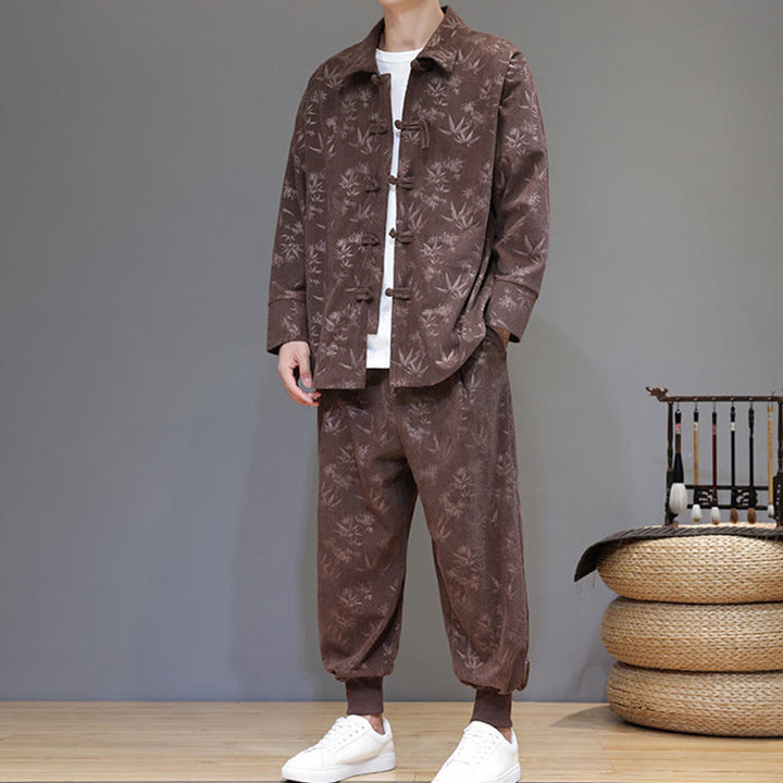 Conjunto de 2 Buddha Stones de traje Tang de bambú grueso de invierno para hombre, de pana de algodón con botones de rana, chaqueta de manga larga y pantalones con bolsillos. - image 36