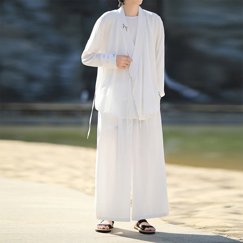 Conjunto de 2 piezas de kimono de algodón con bordado de bambú y cordones Buddha Stones, pantalones hasta los tobillos con bolsillos, ropa de meditación para hombre - Blanco - US/UK/AU46, EU56 (5XL) - image 7