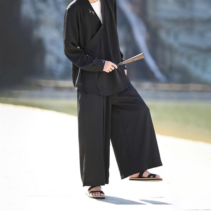 Conjunto de 2 piezas de kimono de algodón con bordado de bambú y cordones Buddha Stones, pantalones hasta los tobillos con bolsillos, ropa de meditación para hombre - image 3