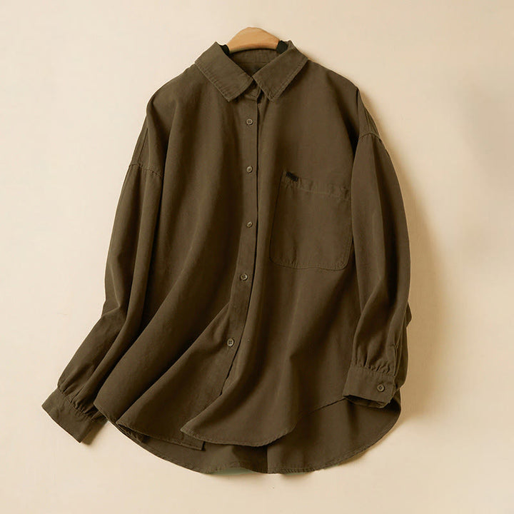 Camisa de algodón de manga larga con cuello alto y botones informales para mujer con diseño de Buddha Stones - Tierra de siena - US14，UK/AU18，EU46 (2XL) - image 15