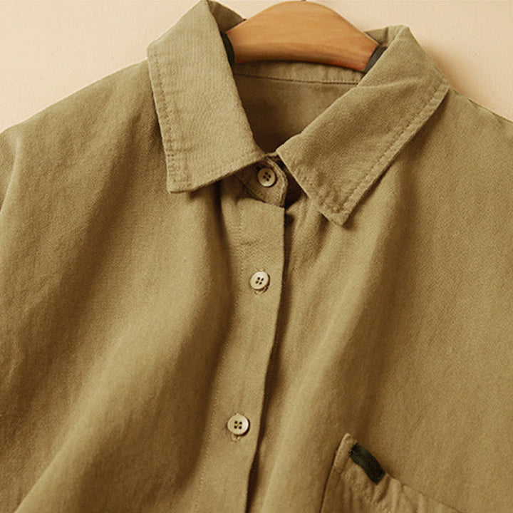 Camisa de algodón de manga larga con cuello alto y botones informales para mujer con diseño de Buddha Stones - image 13